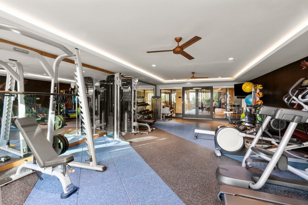 Fitness center with treadmills, ellipticals, various weight machines, free weights, yoga and medicine balls, a mounted TV, and a large floor-to-ceiling wall mirror.